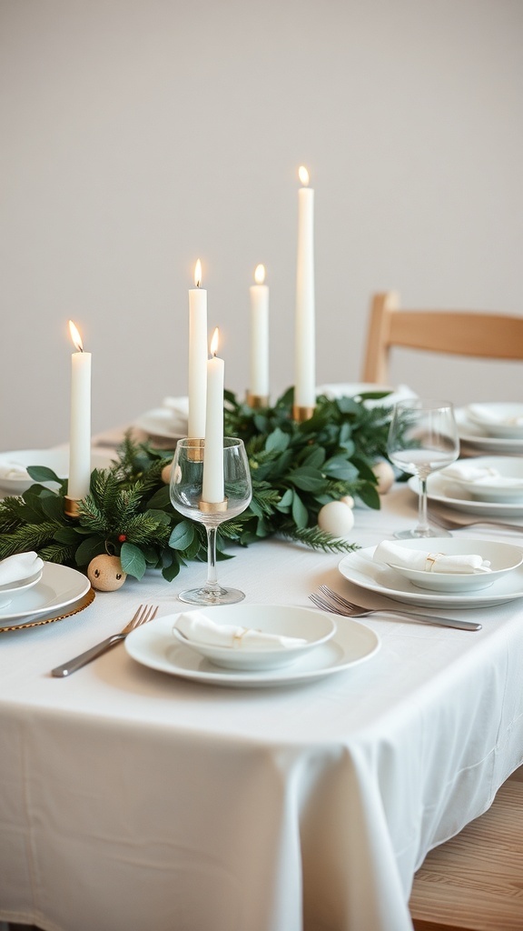 Minimalist Christmas Table Settings Minimalist Christmas table setting with white dinnerware, greenery, and candles.